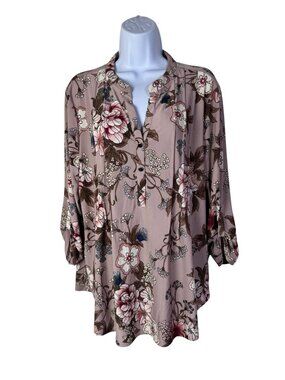 Cocomo Floral Print 3/4 Sleeve Tunic Blouse size XL Pintuck Stretch Pastel Pink